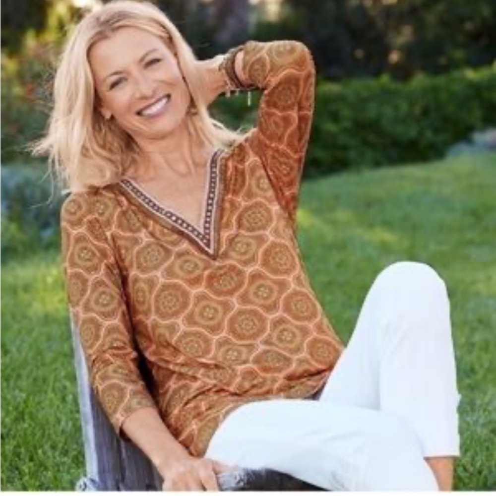 Soft Surroundings Lillia Beaded Stretch V Neck Print Tunic Top 3/4 Sleeves Sz XL